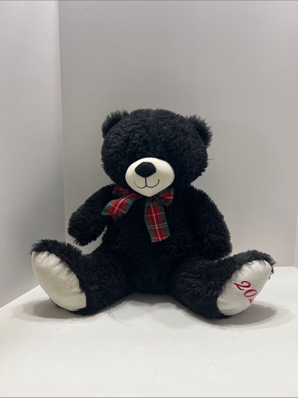 Black Plush Teddy Bear with Festive Plaid Bow - Soft Cuddly Stuffed Animal